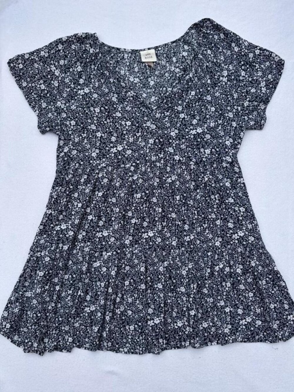 Knox Rose Blue White Floral Tiered Ruffle V-Neck Mini Dress Sz L Casual Fall